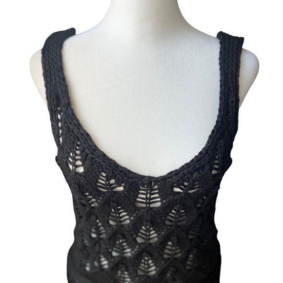 Zara Black Boho Open Weave Knit Crochet Fringe Tank Top Small - Picture 7 of 16